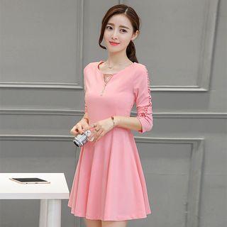 Perforated A-line Long Sleeve Dress