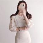 Puffed 3/4-sleeve Key-hole Back Lace Blouse Ivory - One Size