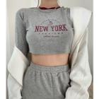Long-sleeve Lettering Cropped T-shirt Gray - One Size