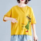 Elbow-sleeve Cartoon Printed Ripped T-shirt