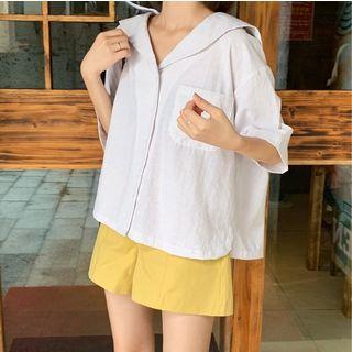 Pocket-front Sailor-collar Short-sleeve Shirt