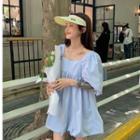 Elbow-sleeve A-line Dress Blue - One Size