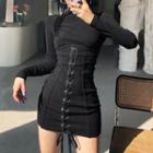Long-sleeve Lace-up Knit Mini Bodycon Dress