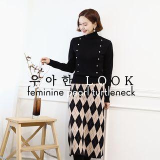 High-neck Faux-pearl Trim Knit Top