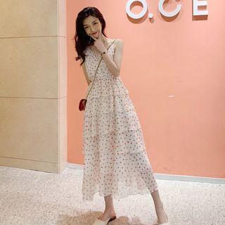 Spaghetti Strap Heart Patterned Chiffon A-line Midi Tiered Dress