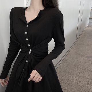 Plain Slim-fit Cardigan / Irregular Mesh Skirt