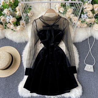 Mesh Long-sleeve Panel Velvet Dress