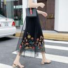 Sheer Panel Floral Midi Skirt