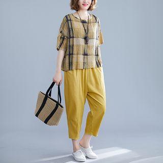 Set: Plaid Short-sleeve Top + Harem Pants