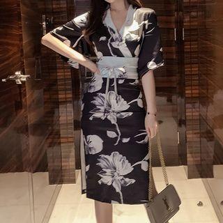 Short-sleeve Floral Wrap Dress