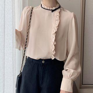 Asymmetric Ruffle Long-sleeve Shirt As Shown In Figure - One Size
