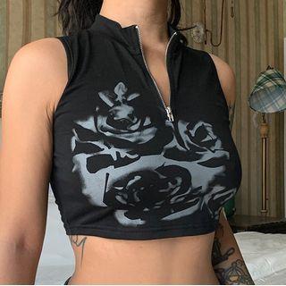 Zip-detail Rose Print Crop Tank Top
