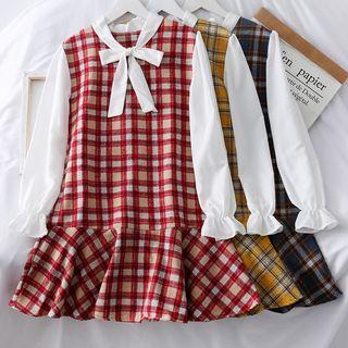 Ribbon-neckline Plaid Mini Dress