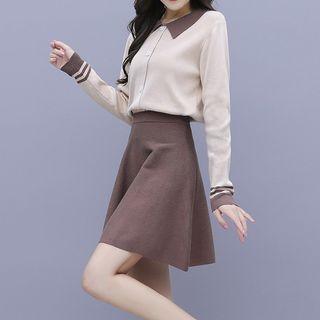 Set: Long-sleeve Contrast Trim Buttoned Knit Top + A-line Skirt