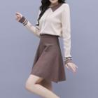 Set: Long-sleeve Contrast Trim Buttoned Knit Top + A-line Skirt