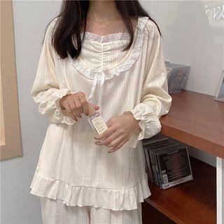 Set: Long-sleeve Frill Trim Top + Pants