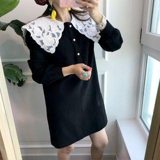 Long-sleeve Lace Collar Dress Black - One Size