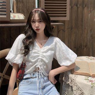 Embroidered Drawstring Puff-sleeve Cropped Blouse