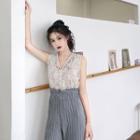 Lace V-neck Sleeveless Top / Pleated Wide Leg Pants