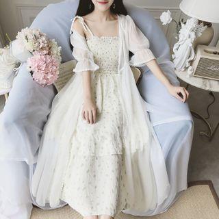 Printed Midi Spaghetti Strap Tiered Dress / Open Front Long Light Jacket