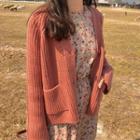 Floral Long-sleeve Midi A-line Dress / Pocket Detail Cardigan