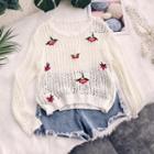 Floral Embroidered Pointelle Knit Sweater White - One Size