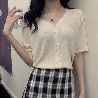 Short-sleeve V-neck Button-up Knit Top