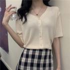 Short-sleeve V-neck Button-up Knit Top