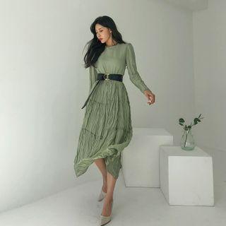 Crinkled Tiered Long Crepe Dress