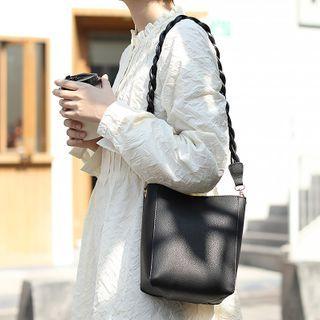 Set: Plain Faux Leather Bucket Bag + Drawstring Pouch