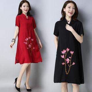 V-neck Flower Embroidered A-line Dress