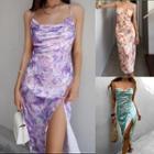 Halter-neck Floral Print Slit Long Dress
