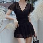 Short-sleeve V-neck Shirred Swimdress