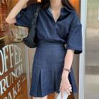 Short-sleeve Pleated Mini A-line Denim Shirtdress