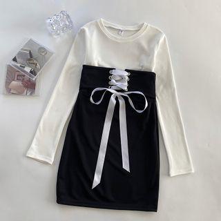 Long-sleeve Plain T-shirt / High Waist Lace-up Mini Pencil Skirt