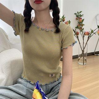 Short-sleeve Plaid Frill Trim Knit Top