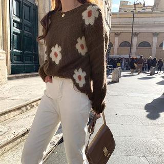 Flower Print Woolen Fuzzy Sweater