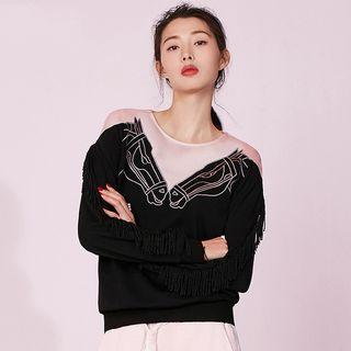 Horse Embroidered Fringed Sweatshirt