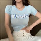 Short-sleeve Lettering Ribbed Knit Top Blue - One Size