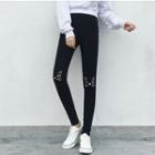 Cat-embroidered Skinny Pants