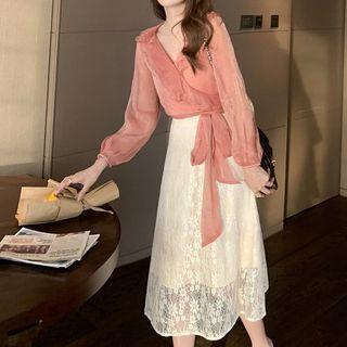V-neck Blouse / Lace Midi A-line Skirt