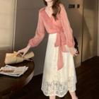 V-neck Blouse / Lace Midi A-line Skirt