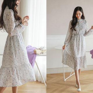 Mandarin-collar Ruffled Foliage Long Shirtdress