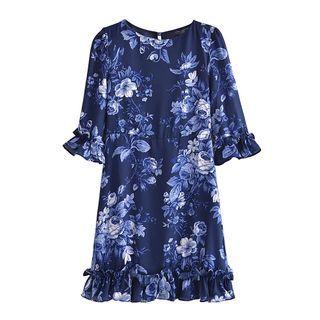 Elbow-sleeve Floral Print Frill Hem Mini Dress