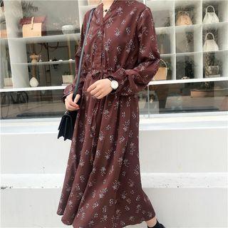 Long-sleeve Floral-pattern Midi A-line Shirt Dress