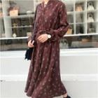 Long-sleeve Floral-pattern Midi A-line Shirt Dress
