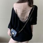 Faux Pearl Open Back Elbow-sleeve T-shirt
