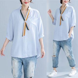 Elbow-sleeve V-neck Blouse Blue - One Size