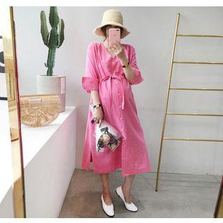 3/4-sleeve Linen Blend Long Shirtdress With Sash