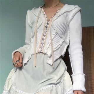 Long-sleeve Fray Hem Ribbed Crop Top